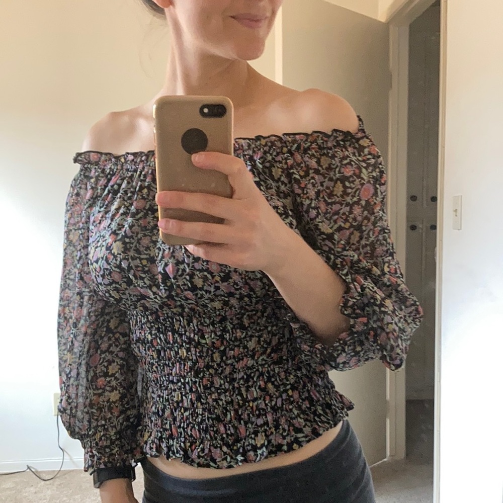 Cropped over-the-shoulder peasant top